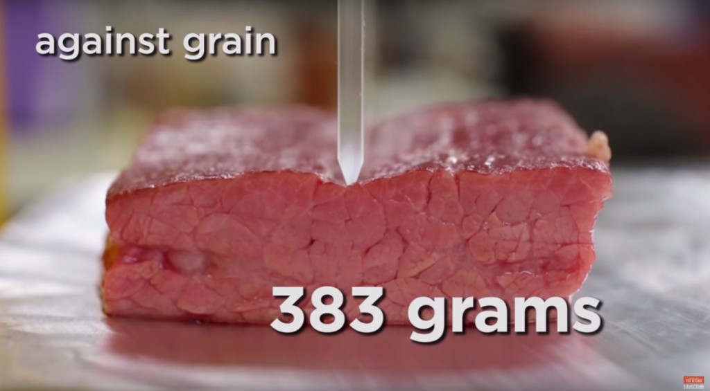 可以见到,若要将逆纹切的flank steak「咬进0.