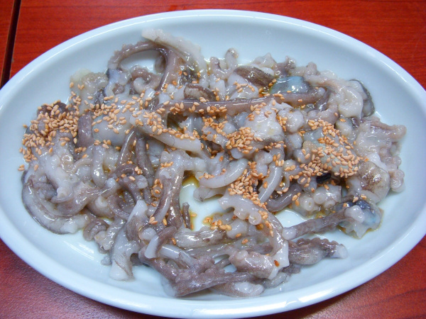 Sannakji
Sannakji is a dish that consists of nakji (a small octopus) that has been cut into small pieces while still alive and served immediately. Because the suction cups on the arm pieces are still active when the dish is served, special care should be taken when eating sannakji.