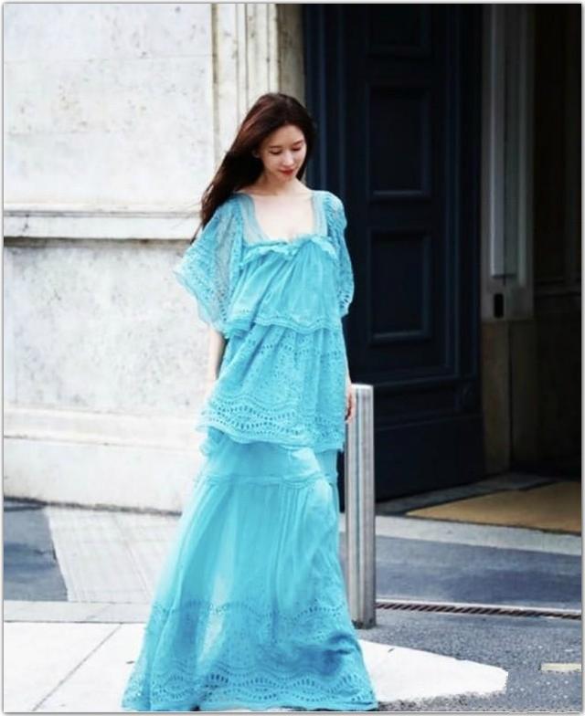 孕味十足！44歲林志玲一身藍裙亮相米蘭街頭，體態圓潤，婚後氣質更溫柔：和以前不一樣了！