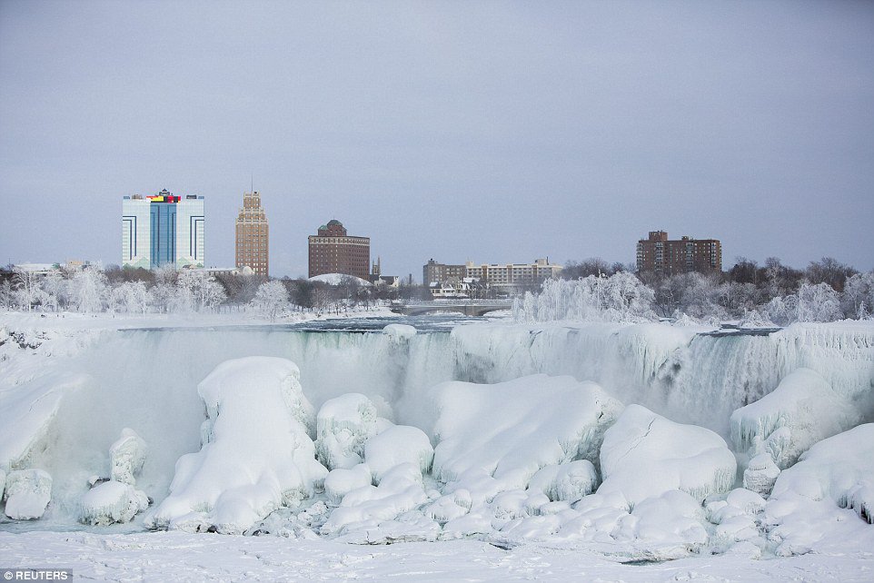 在氣溫掉到攝氏零下8度的時候，就連尼加拉瓜大瀑布 (Niagara Falls) 驚人的水量也無法抵擋這樣極寒的天氣，也都結凍了。<BR><BR>