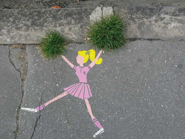 4 - Little sprouts of grass drawn as cheerleader street art.