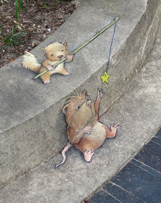 3 - cute drawings of furry animals playing by the curb.