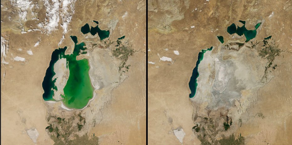 4. 中亞的鹹海 (Aral Sea)，即便當地積極想要拯救鹹海，像是在2005年蓋了一座水壩，但依然不敵面積快速縮減的速度。<!-- 電腦板-文章內插廣告-336X280 -->
<br><br>
<div align=