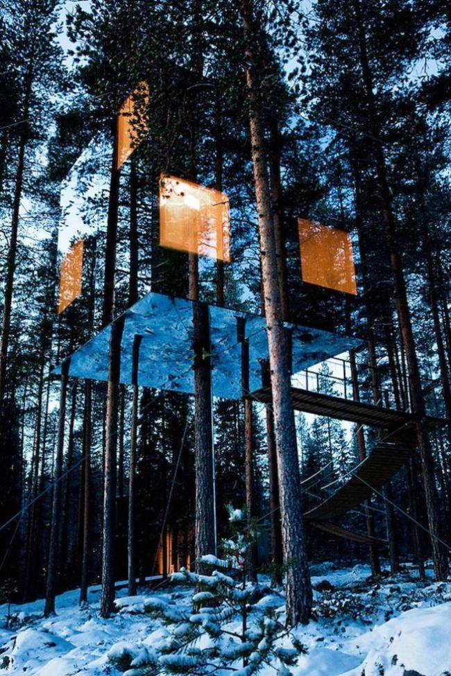 <p>At night, its lights can be seen hovering in the trees. While it's barely visible to us, a special film was applied to the glass so that it would be obvious to birds, so you don't have to worry about them flying into it. </p>