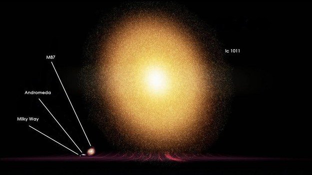 但即使是我們認為如此巨大的銀河係，和這些其他的星係相比是多麼微小！以下的對照為銀河係與距離地球3.5億光年的IC1011相比。<BR><BR>
