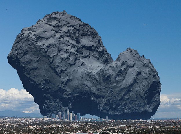 這是彗星。<BR><BR>我們剛在一個彗星上放置探測器。<BR><BR>這是彗星相較於洛杉磯的大小。<BR><BR>