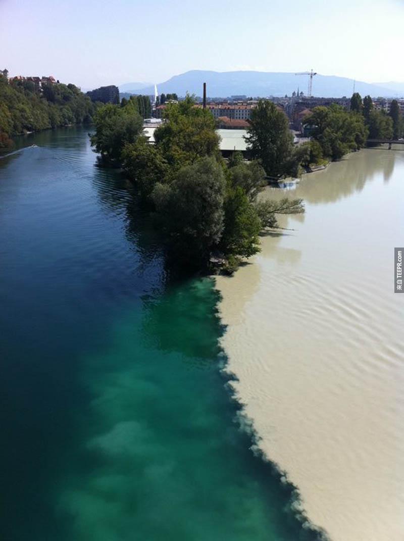 10）羅納河 (Rhone) 和艾雲河 (Arve) 在瑞士日內瓦的合流點。<BR><BR>