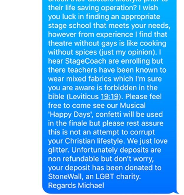 He ended his response by referencing a few Bible passages and informing the woman that her deposit had been donated to an LGBT charity.