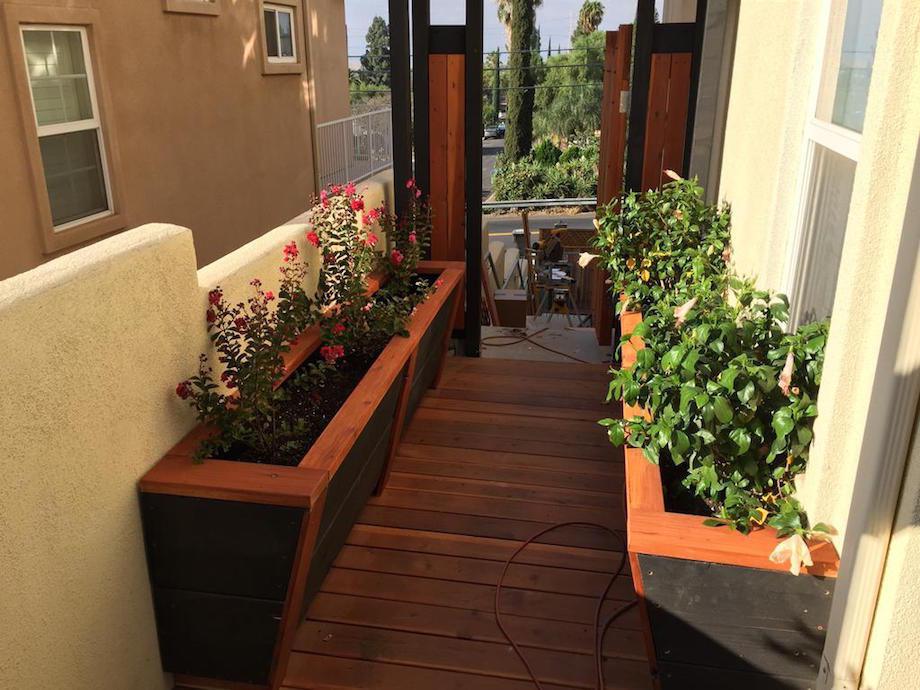 "And here is now the gate area with the planters installed and I planted the flowers which are crepe myrtle and hibiscus."