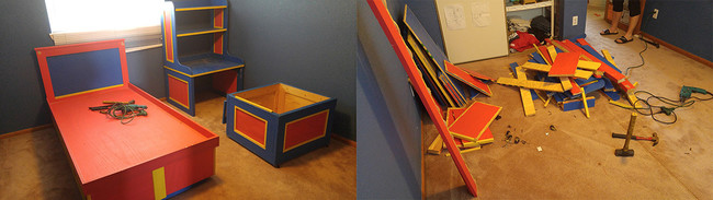 First, his son's old furniture was broken down and dismantled.