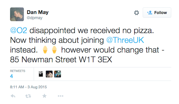 Dan May was unsuccessful in his attempt to obtain some free pizza but had a trick up his sleeve. O2's next promo involved free ice cream. In his tweet, Dan mentioned O2's competitor, Three UK.