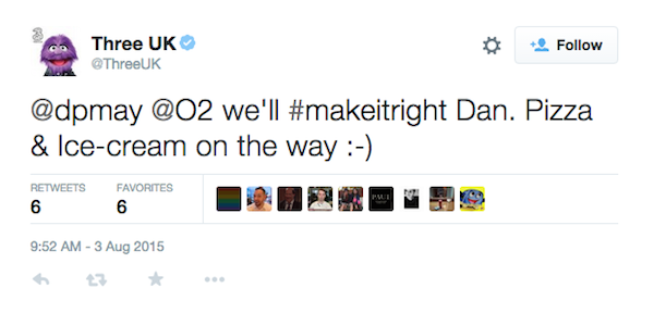 Three UK responded and sent pizza and ice cream to Dan.