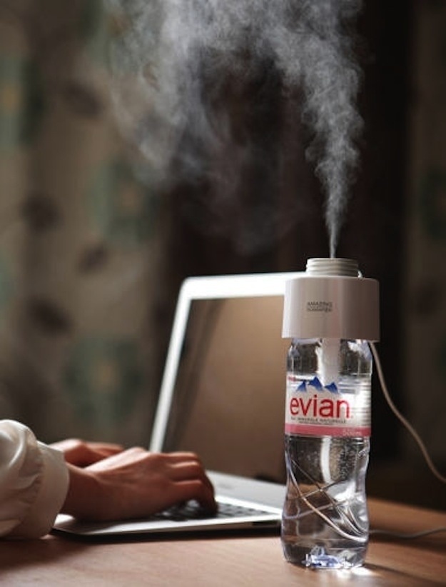 A portable humidifier cap that can turn any water bottle into a humidifier. 