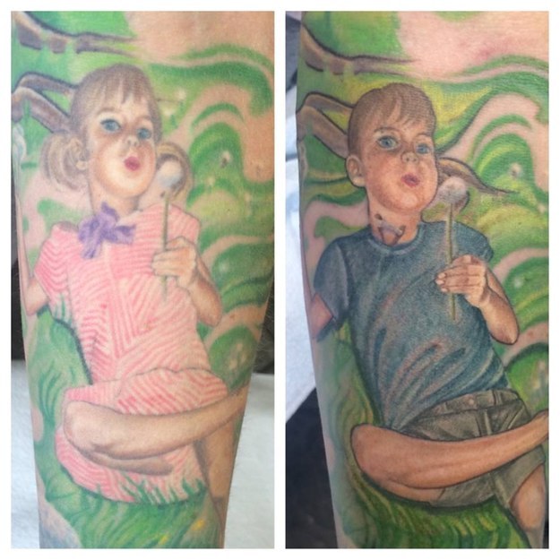 The portrait of their oldest son, Ace, who is a 15-year-old trans teen, needed considerably more retouching. Completed before Ace came out, the portrait wasn't an accurate representation of their son: