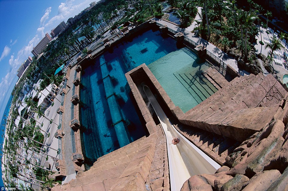 The Leap of Faith slide at Atlantis Paradise Island in the Bahamas boasts a 60ft near-vertical drop from the top of a Mayan-inspired temple