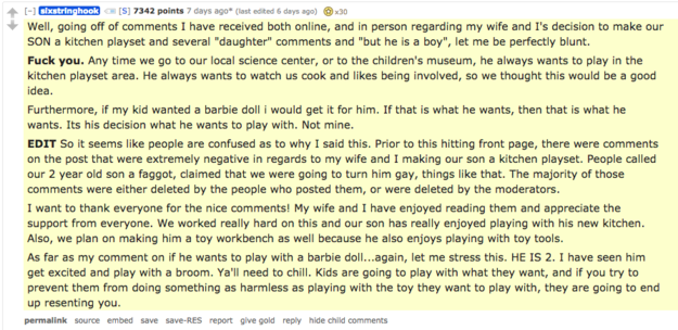 In now-deleted comments on the thread, however, users wrote things like "You are what is wrong with your country… I hope your kid gets beat up at school" and "Seems a little gay to me."