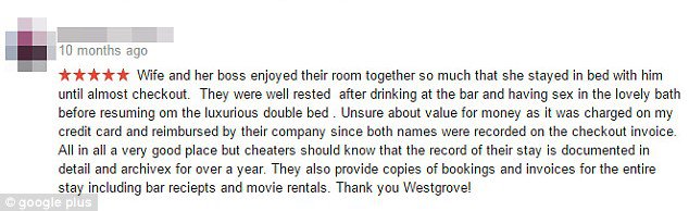 這位憤怒的丈夫，還是用外遇老婆的角度來留言，描述著愛爾蘭這間「韋斯特格羅夫飯店」(Westgrove Hotel) 到底有多好。<BR><BR>
